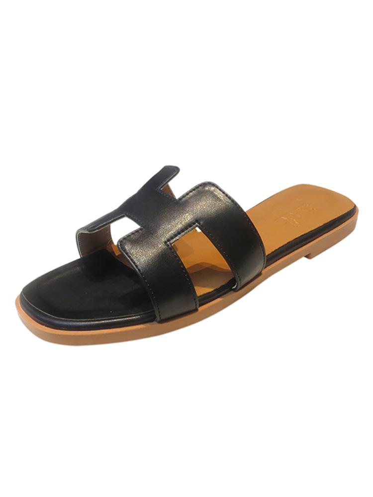 Vegan Leather Square-toe Single Band Slip-on Flat Sandals For Women