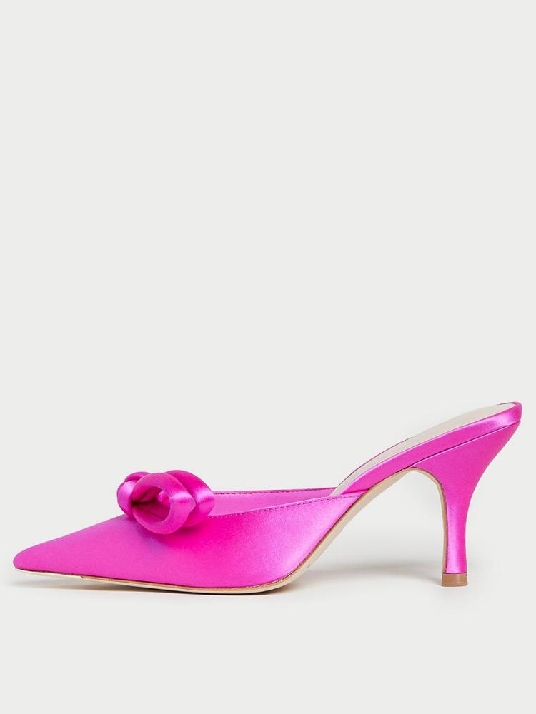 Pink Knotted Kitten Heel Satin Pumps Mules For Women