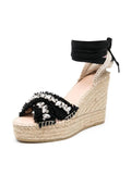 Black Coss Bands With Rhinestones Open-toe Espadrille Wedge Sandals With Self-tie