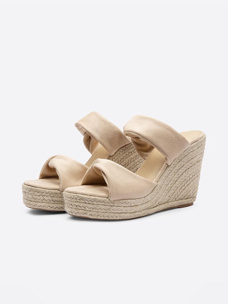 Cloth Two Bands Open-toe Slip-on Espadrille Wedge Sandals