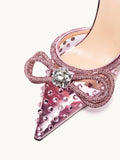 Pink Clear Rhinestone Double Bow Pointy Flared Pumps With Ankle Wrap Strap