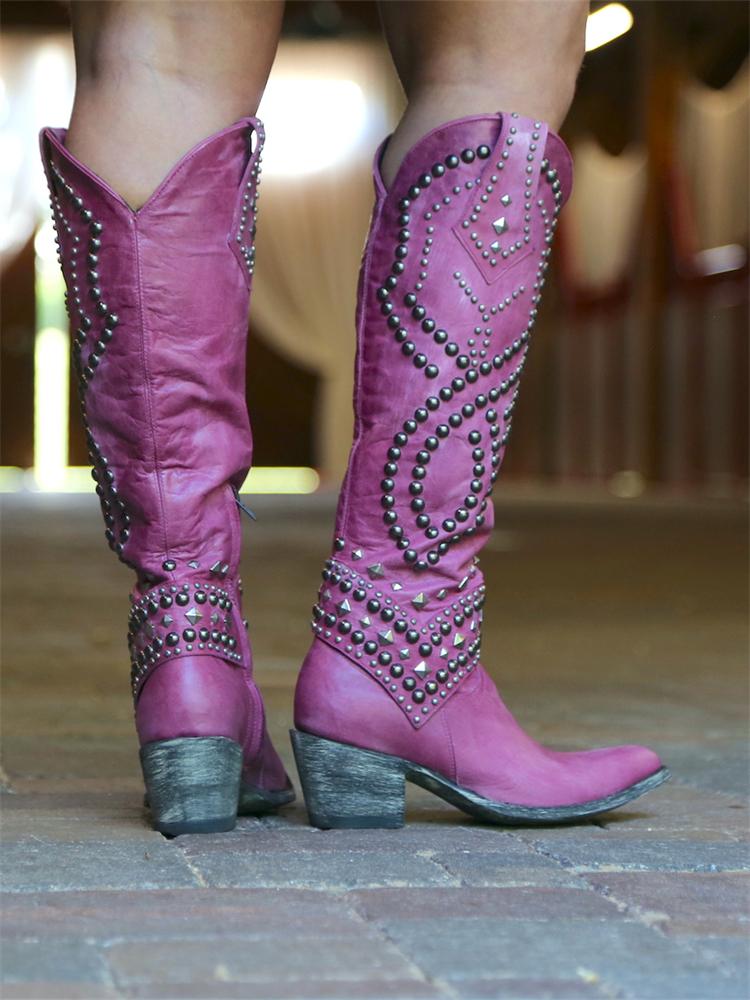 Pink Studded Pointy Mid-Calf Western Boots