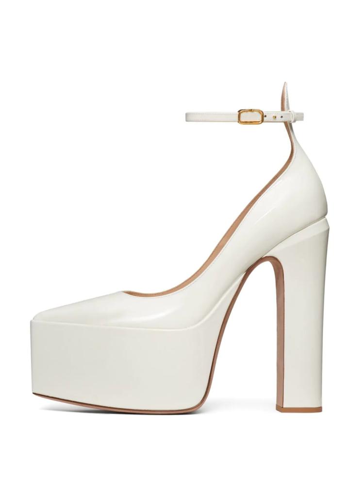 White Patent Pointy Platform Block Pumps With Buckled Ankle Strap