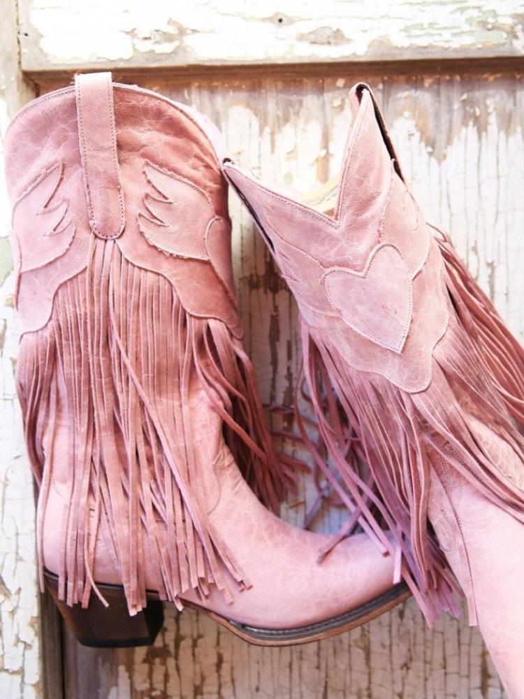 Light Pink Winged Heart Pattern Fringe Snip Western Mid Calf Boots