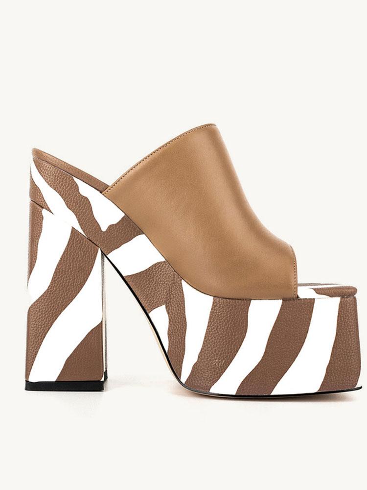 Brown Zebra Stripe Backless Platform Block Heeled Sandals Open Square Toe Slip-On Heels