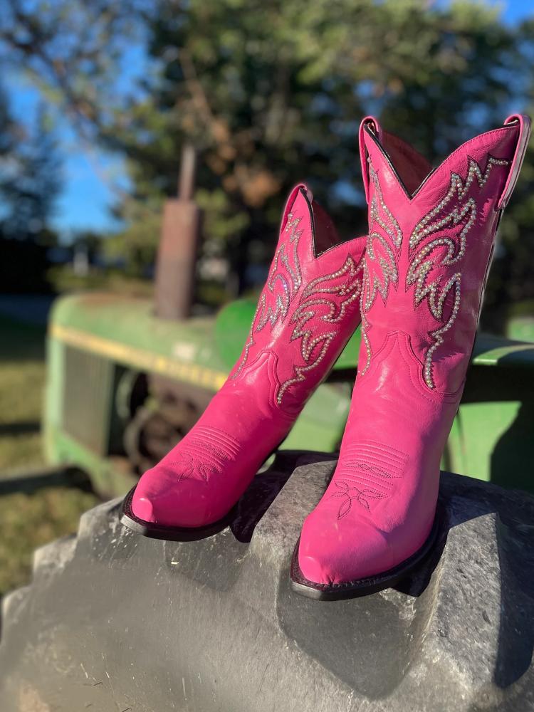 Pink Rhinestone Snip Toe Slanted Heel Cowgirl Mid Calf Boots