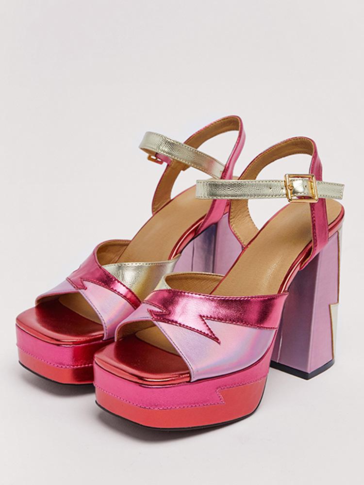 Multi Metallic Patchwork Open-toe Buckle Platform High Chunky Heel Sandals With Ankle Strap