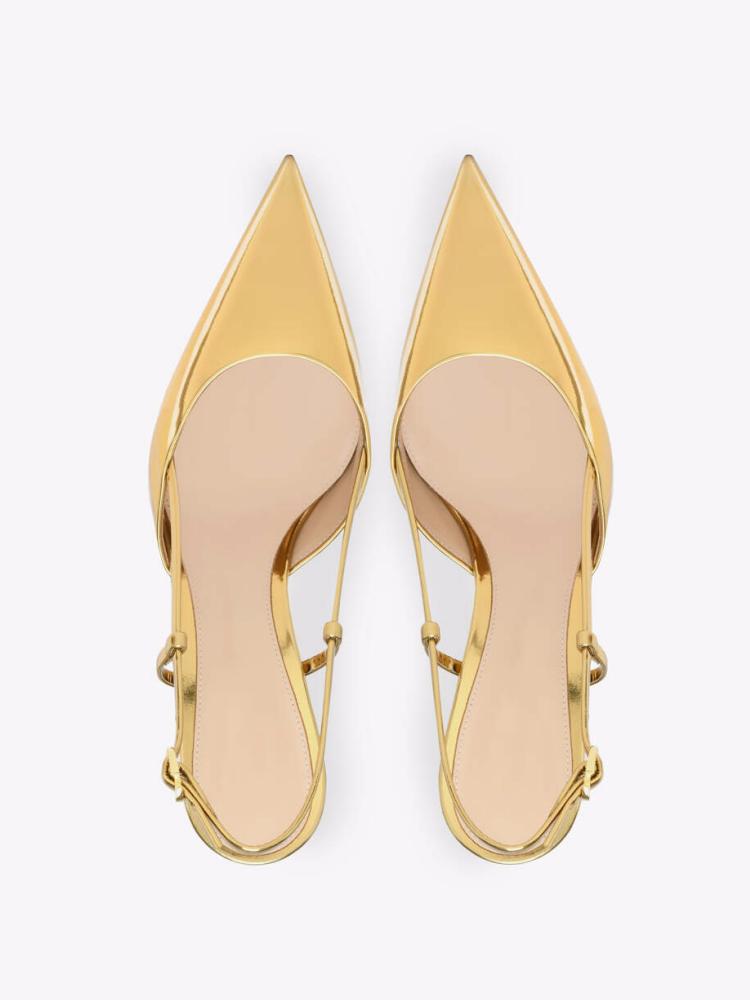 Gold Slingback Flared Heel Pumps Metal Ribbon Buckle Women Pumps