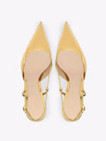 Gold Slingback Flared Heel Pumps Metal Ribbon Buckle Women Pumps