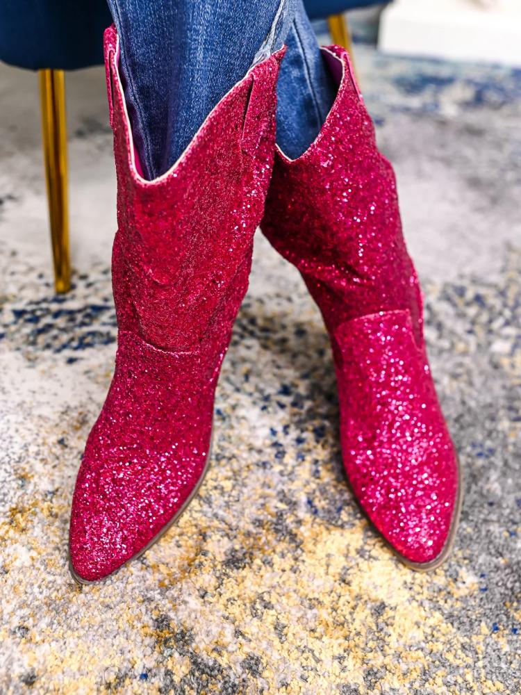 Glitter Round Toe Slanted Heel Western Cowgirl Wide Mid Calf Boots