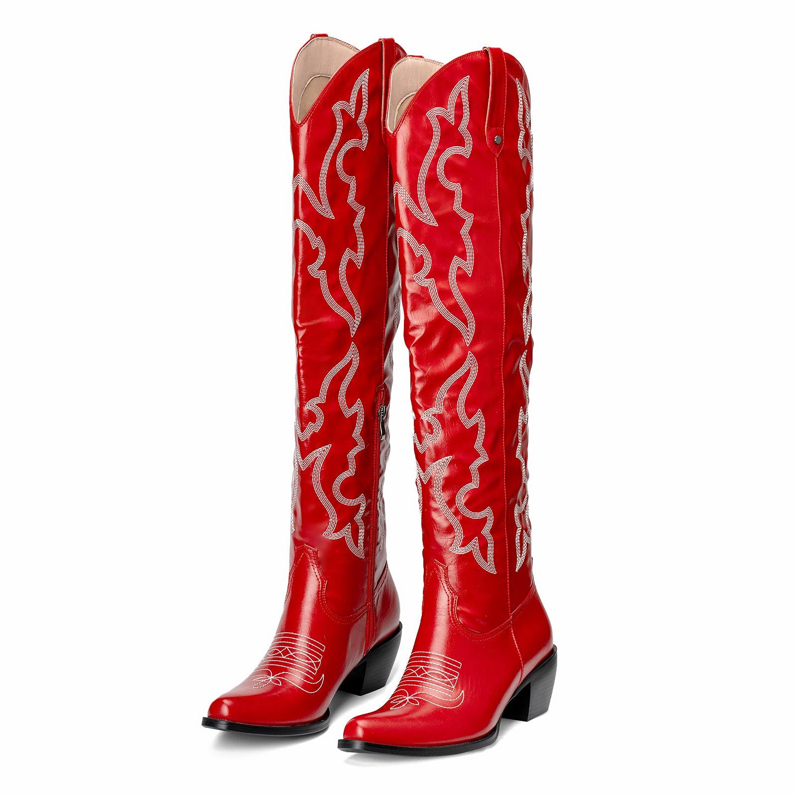 Red Embroidered Pointy Zipper Knee High Western Boots