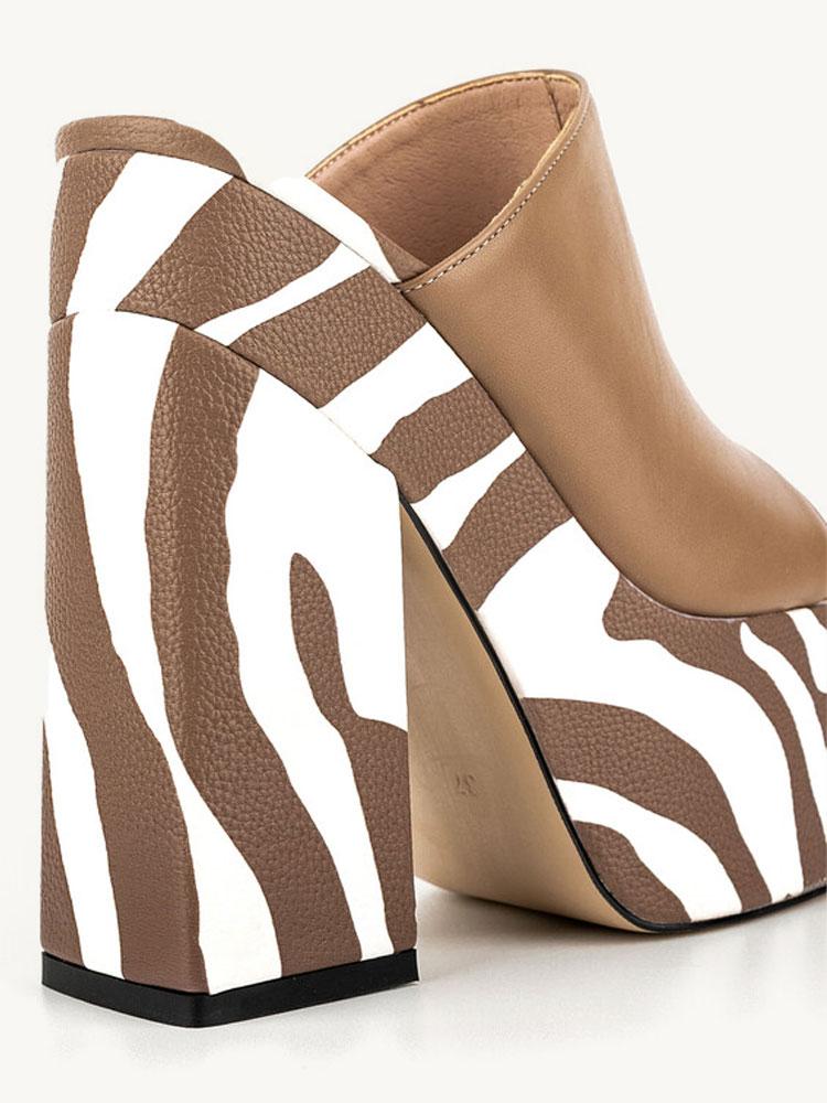 Brown Zebra Stripe Backless Platform Block Heeled Sandals Open Square Toe Slip-On Heels