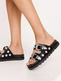 Black Vegan Leather Studded Double Buckle Open-toe Slip-on Flat Sandals With Two Bands