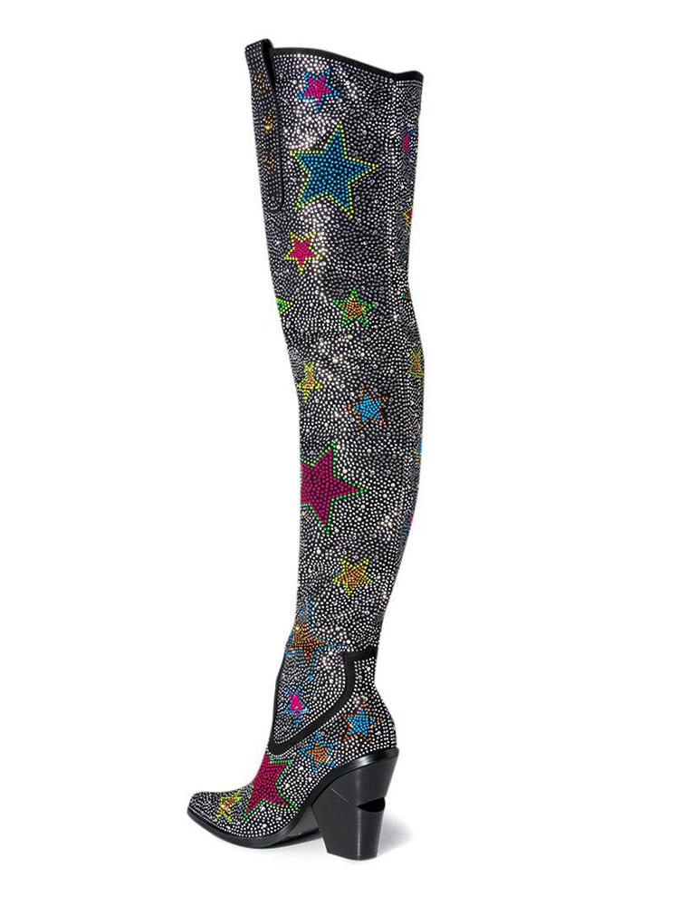 Multicolored Star Rhinestone Pointy Slip-On Over-Knee Thigh-High Western Boots