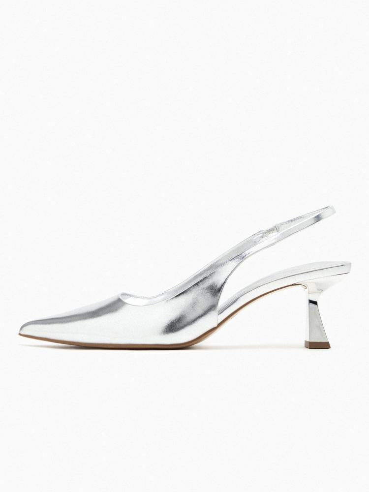 Metallic Silver Pointy Kitten Slingback Pumps For Women