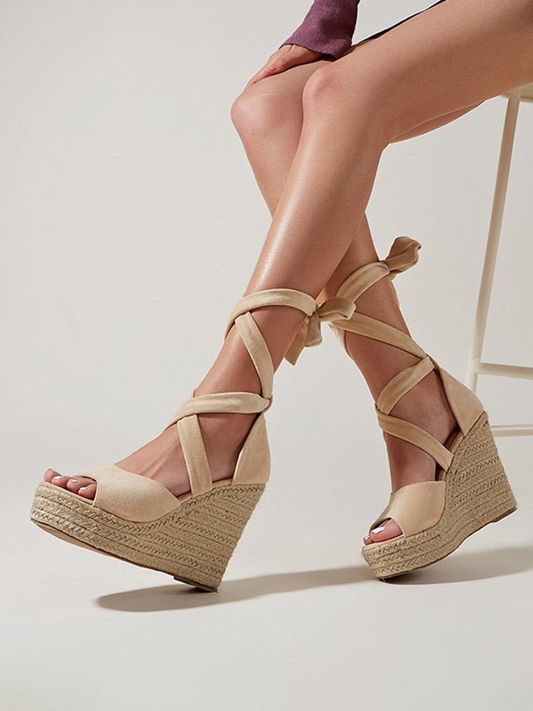 Cloth Single Band Open-toe Ankle Wrap Espadrille Wedge Sandals With Self-tie