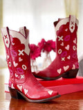 Contrast Red White Pink Heart Lips Stitch Slanted Heel Snip Toe Western Mid Calf Boots