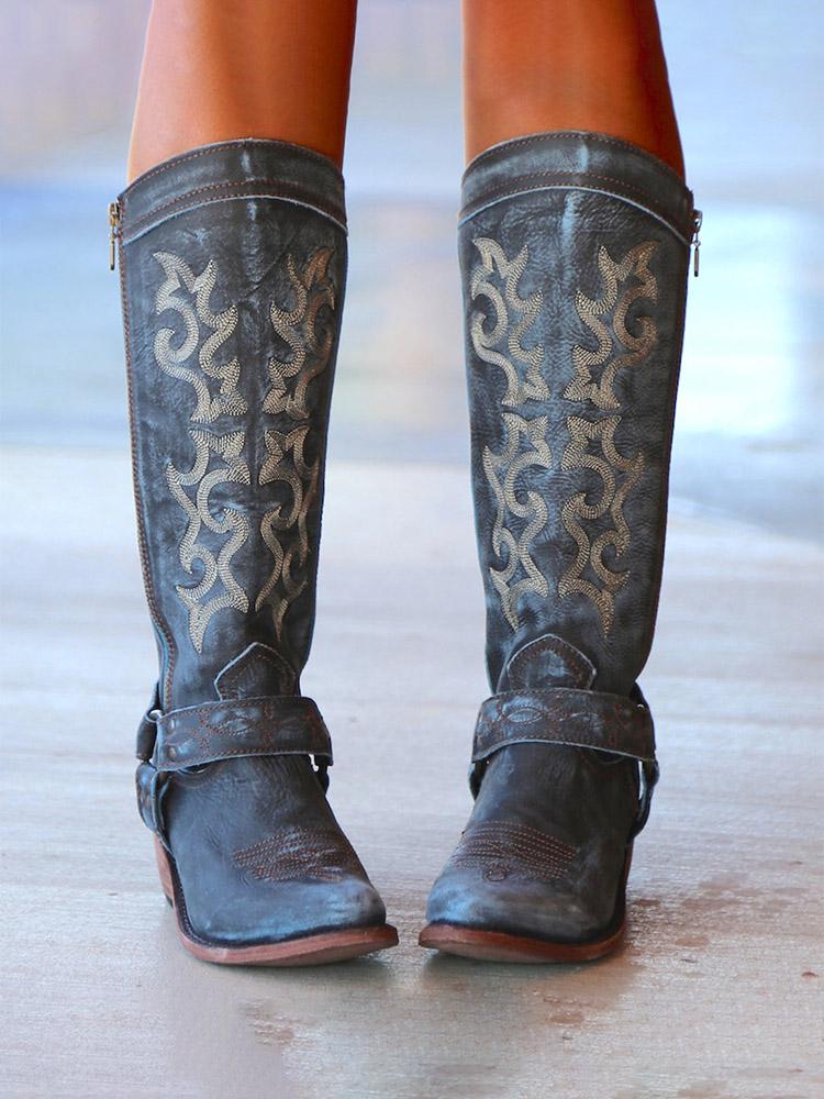 Embroidered Band With Metal Rings Pointed-toe Zip Mid-Calf Western Cowgirl Boots