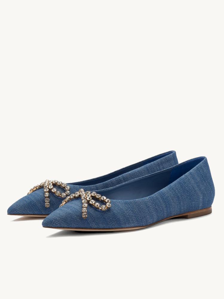 Blue Denim Rhinestone Bow Pointed Ballet Flats For Women