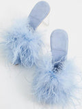 Fluffy Feather Round Toe Backless Slip-On Clear Heeled Sandals In Tan Blue Orange