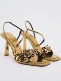 Metallic Gold Sequins Sandals For Wide Feet Instep Strap Square Toe Heels