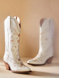 White Floral Embroidered Snip Chunky Heeled Wide Mid Calf Western Boots