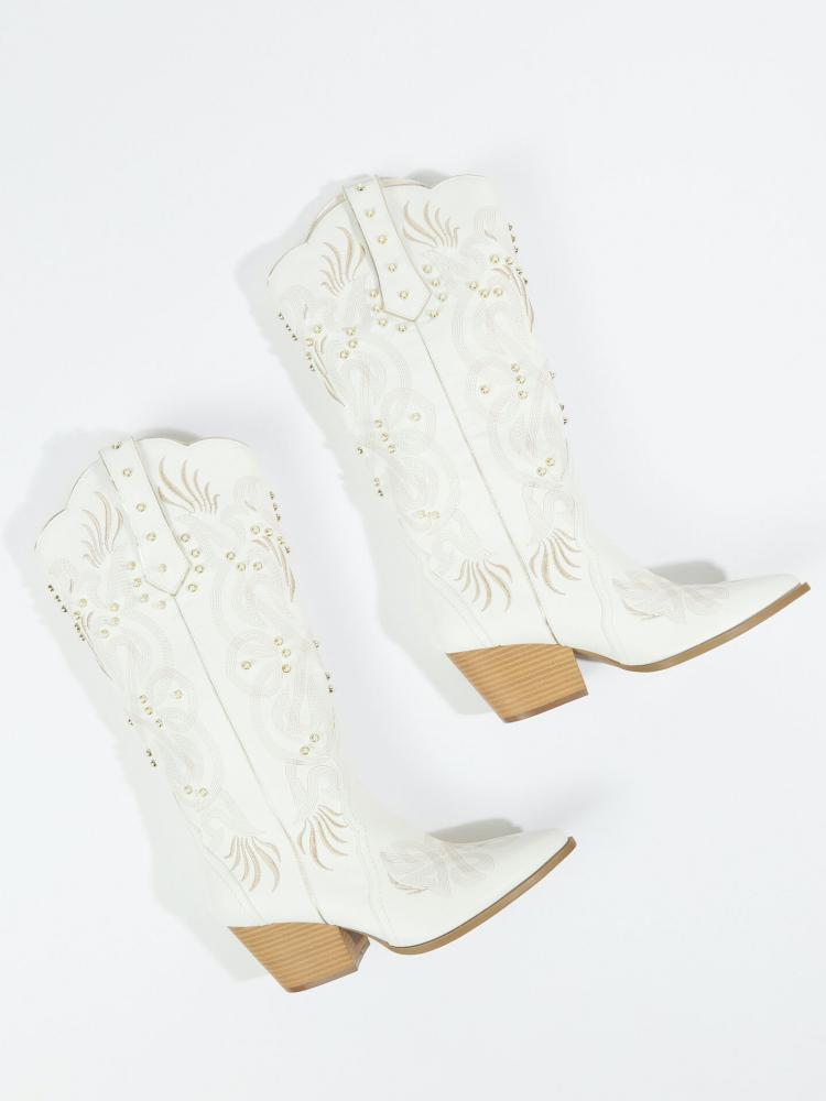 Off White Embroidered Pearl Studded Pointed Toe Slanted Heel Western Mid Calf Boots