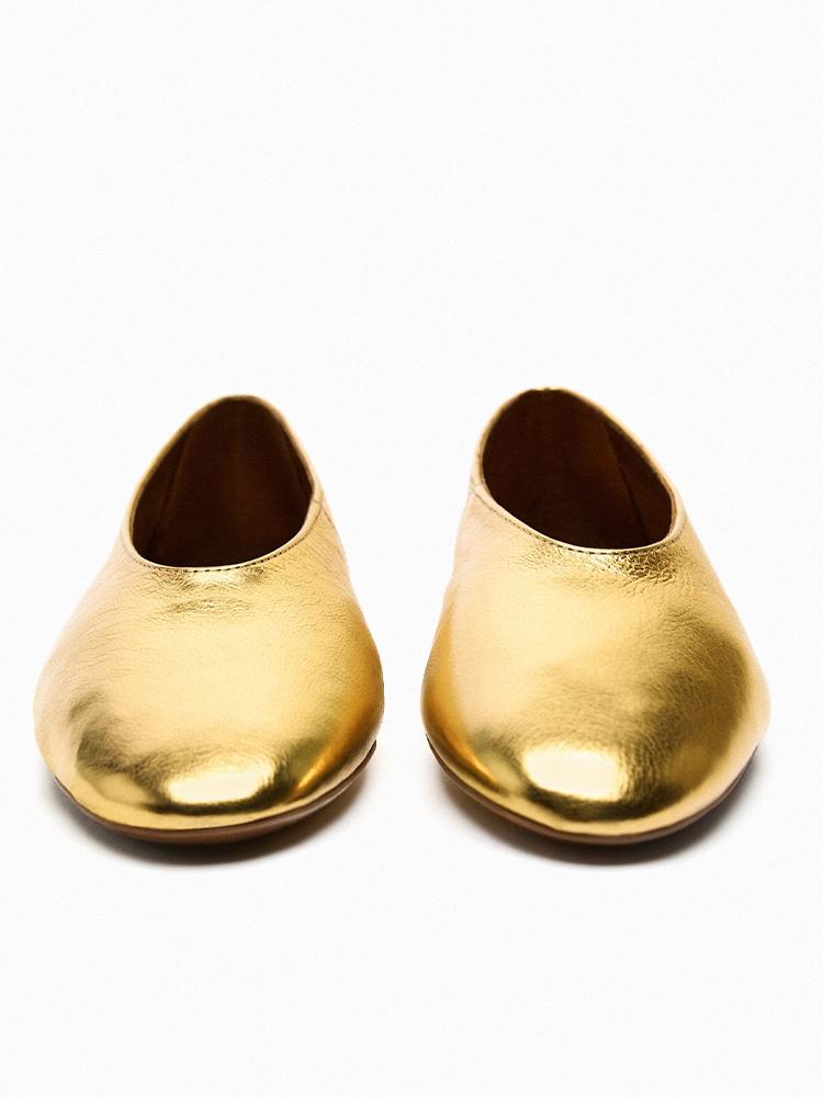 Metallic Gold Slip On Round Ballet Flats