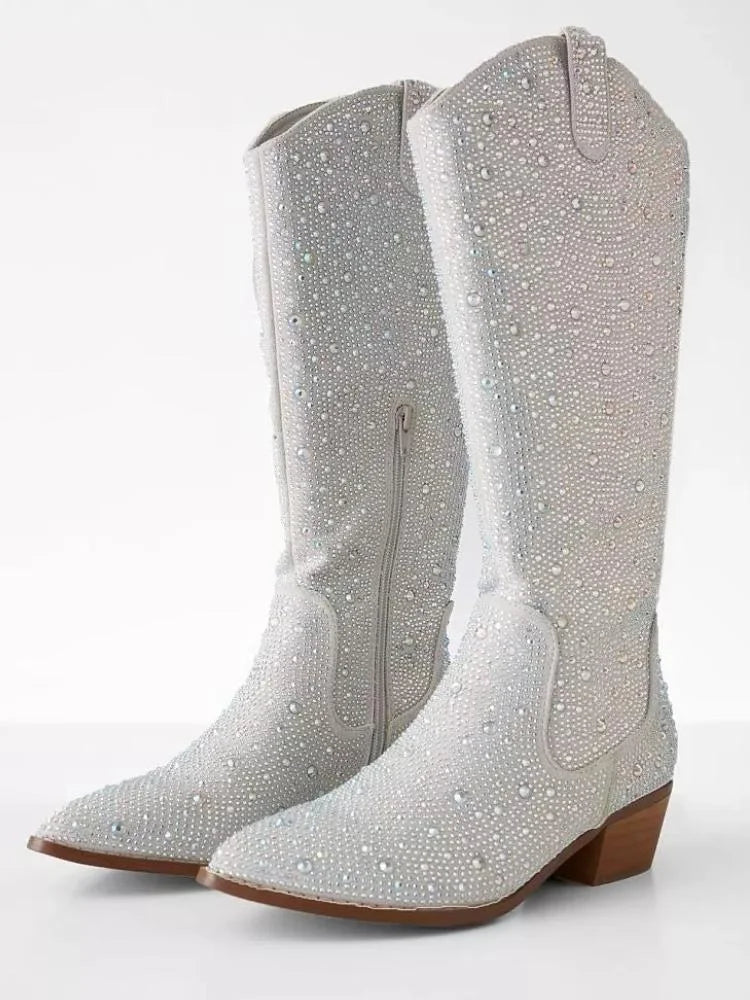 White Rhinestone Pointed Toe Zipper Mid Heel Western Mid Calf Boots