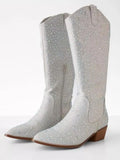 White Rhinestone Pointed Toe Zipper Mid Heel Western Mid Calf Boots