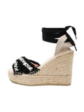 Black Coss Bands With Rhinestones Open-toe Espadrille Wedge Sandals With Self-tie