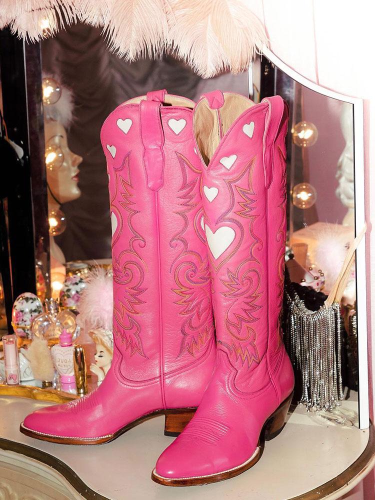 Pink Embroidered Inlay Heart Wide Calf Knee High Boots Round Toe Heeled Western Boots