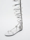 Metallic Silver Back Zip Round Toe Tall Flat Gladiator Sandals