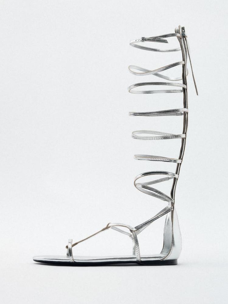 Metallic Silver Back Zip Round Toe Tall Flat Gladiator Sandals