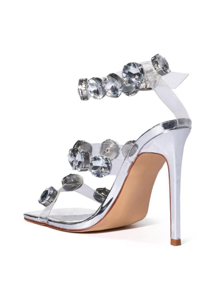 Silver Large Rhinestone Clear Strappy Square Toe Stiletto-Heeled Sandals