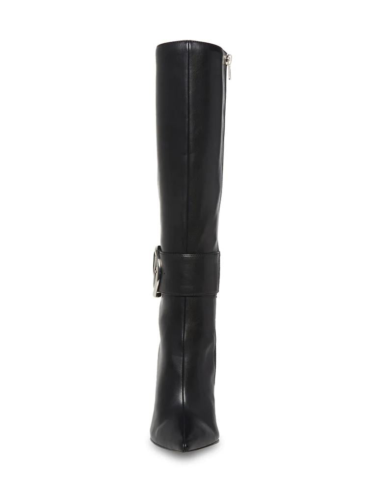 Fine Metallic Bright Buckle Zip Pointed Toe Stiletto Heel Mid Calf Boots