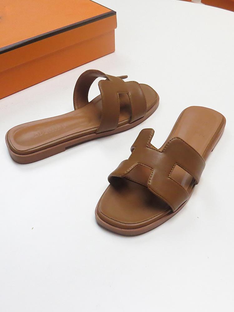 Vegan Leather Square-toe Single Band Slip-on Flat Sandals For Women