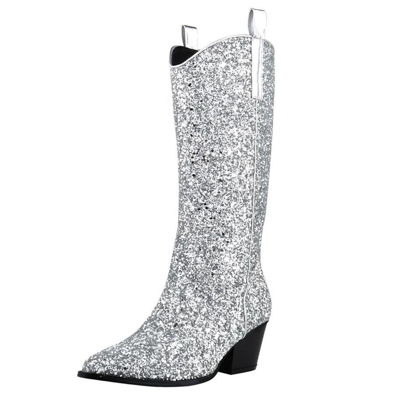 Glitter Zipper Pointy Mid Calf Cowgirl Boots In Gold Silver Black