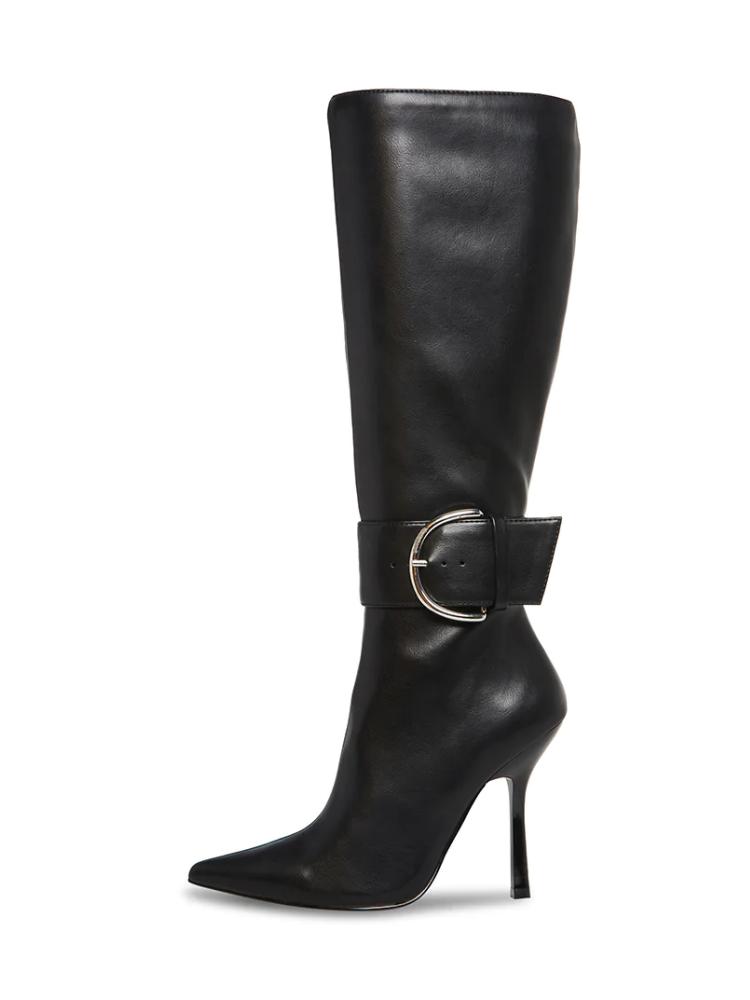 Fine Metallic Bright Buckle Zip Pointed Toe Stiletto Heel Mid Calf Boots