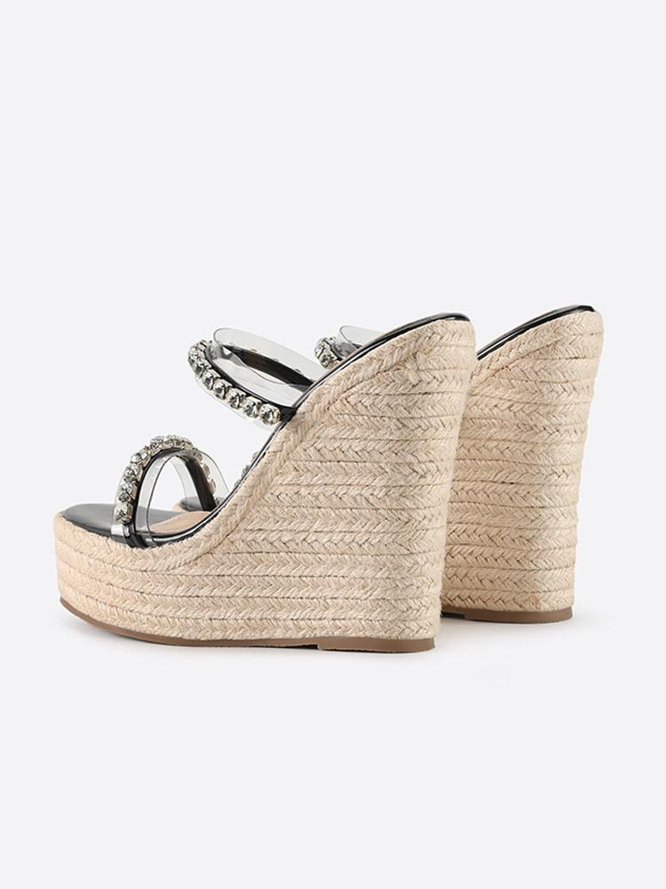 Clear Two Bands With Rhinestones Open-toe Slip-on Espadrille Wedge Sandals