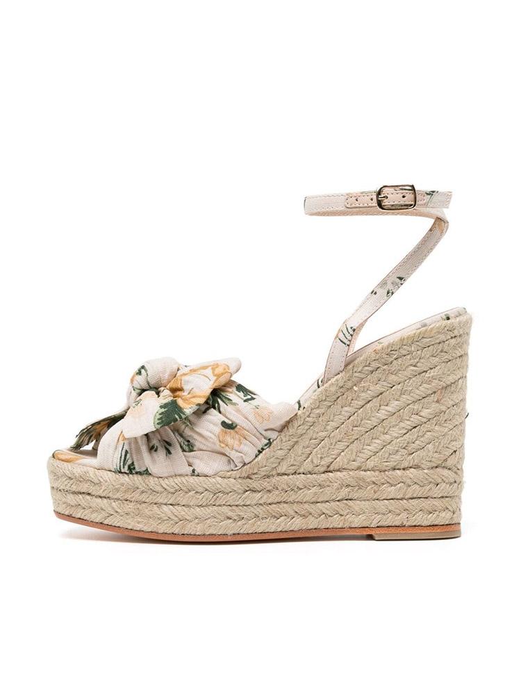 Apricot Floral Print Cloth Bows Open-toe Espadrille Wedge Sandals With Buckle Ankle Strap