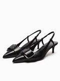 Black Oil Wax Buckle Pointy Kitten Slingback Pumps