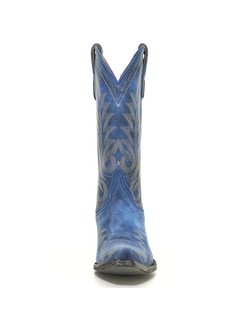 Azul Embroidered Snip-toe Slip-on Mid-Calf Western Cowgirl Boots