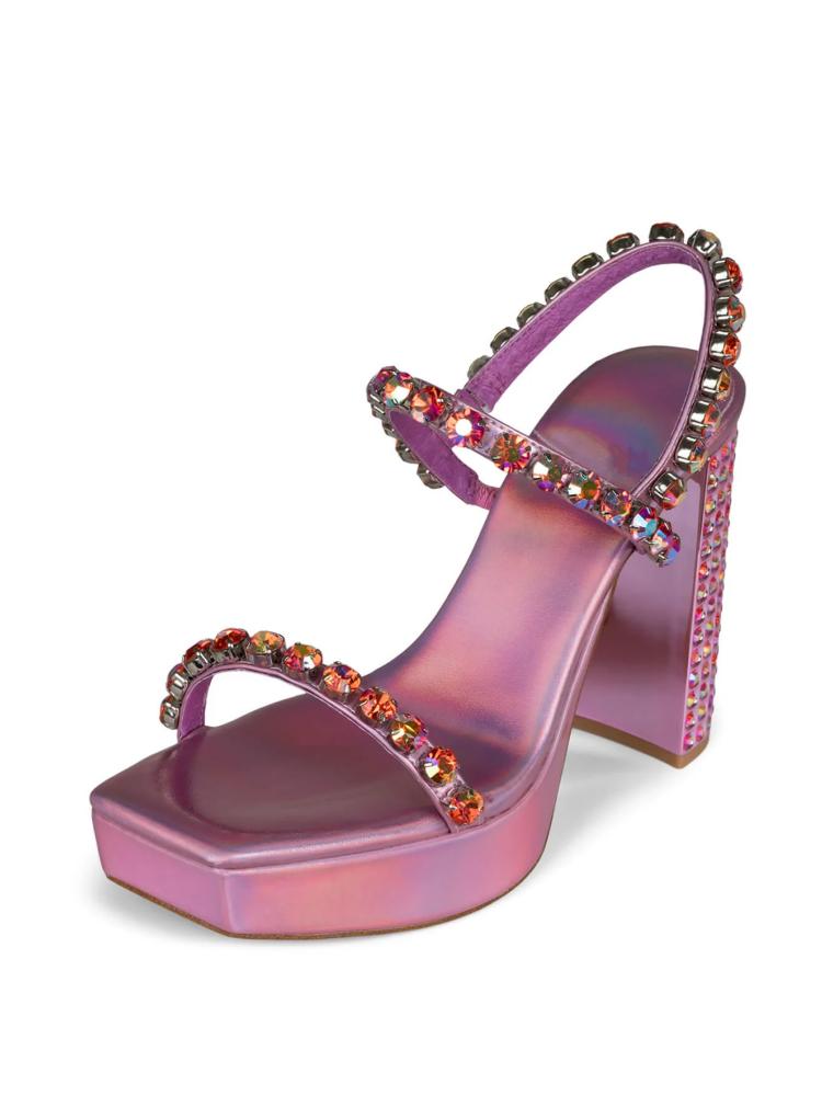 Iridescent Rhinestone Platform Chunky Heeled Sandals With Square Toe Ankle Strap Buckle