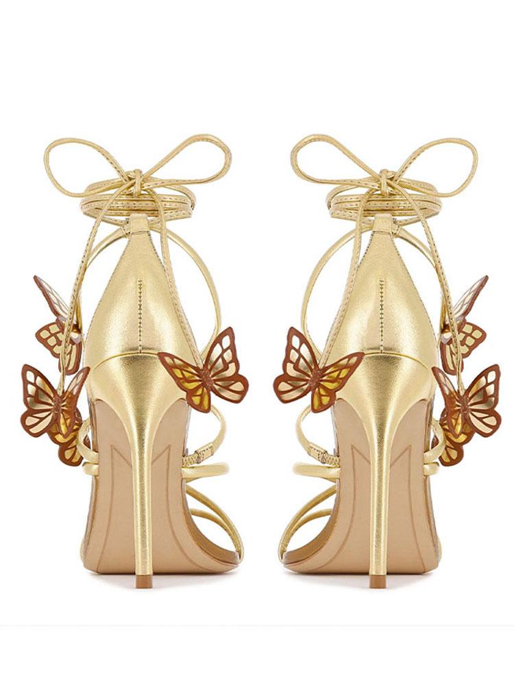 Butterfly Gold Metallic Bright Lace-Up Stiletto-Heel Pointed-Toe Sandals