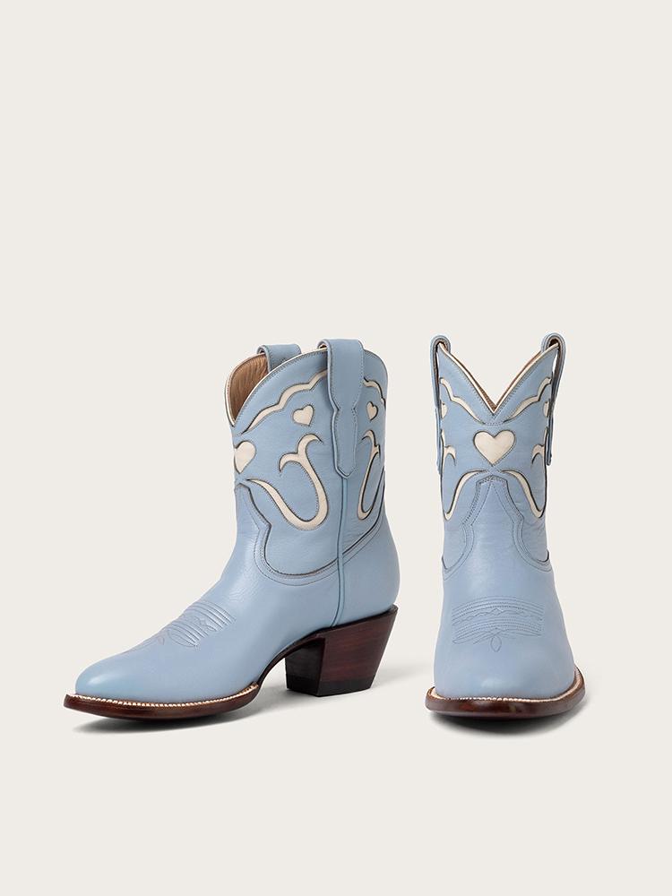 Blue Stitch White Heart Inlay Round Slip-On Women Cowgirl Ankle Booties