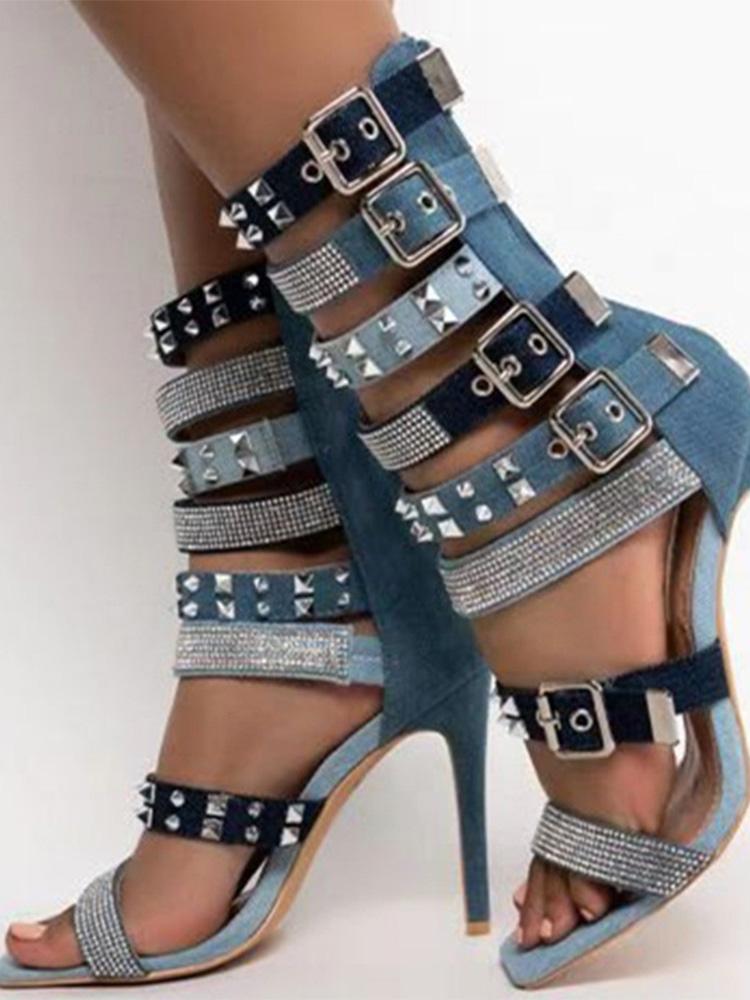 Multi-Strap Studs and Rhinestones Buckles Square-toe Zip Stiletto Heel Denim Sandals