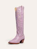 Lilac Purple Inlay Lightning Stitch Knee High Boots Slip-On Round Cowgirl Heeled Boots