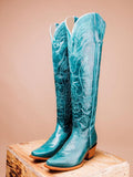 Eagle Wing Embroidered Snip Zip Western Knee High Boots - Turquoise, White & Black