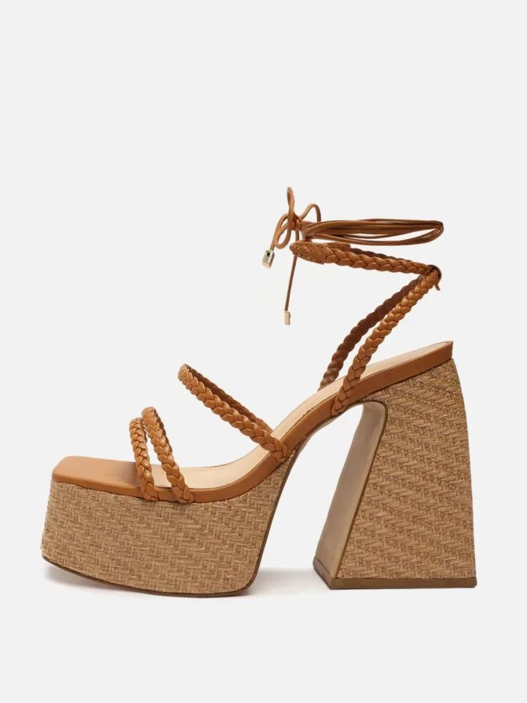 Braided Lace-Up Square Toe Platform Chunky Flared Heel Gladiator Sandals